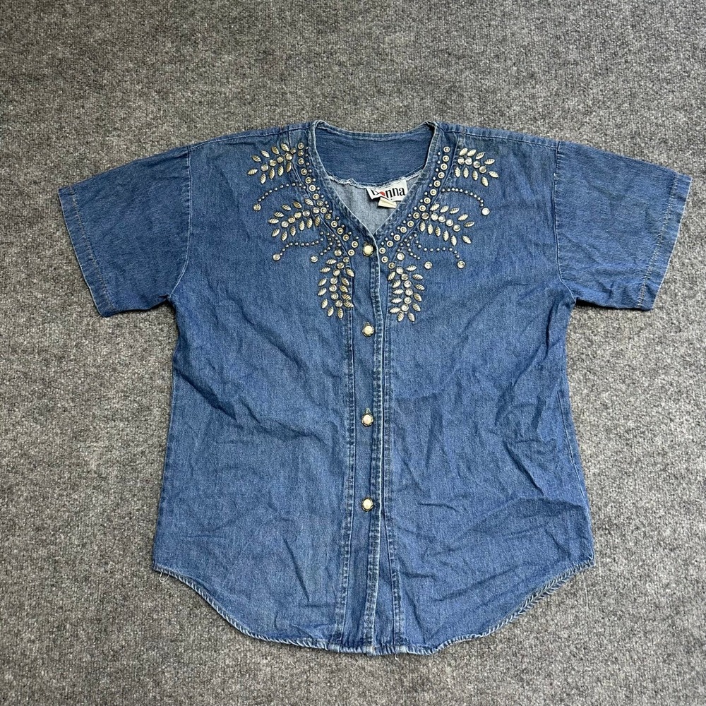 Donna Denim Top Womens Size S Blue Embellished Studded Rhinestone Made in USA